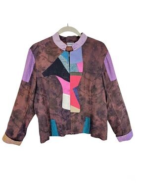 Chico's‎ Brown Patchwork Tapestry Silk Cotton Blazer Jacket Artsy Funky Size L